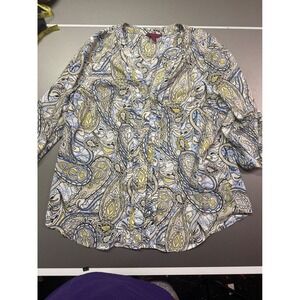 212 Collection Womens XL Paisley Blouse Blue Yellow 3/4 Sleeve V-Neck Top